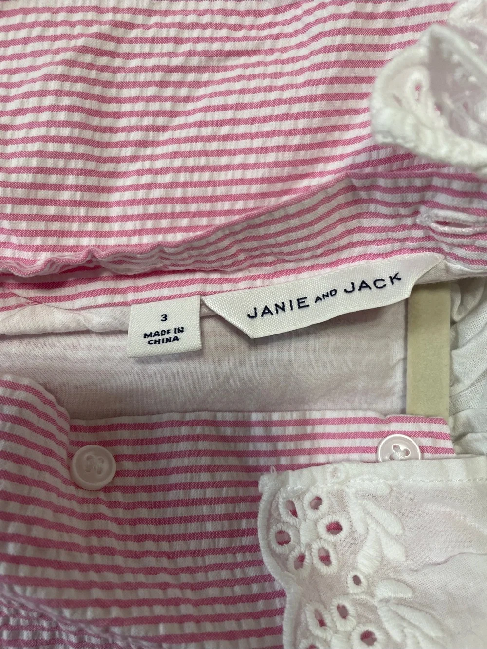 Janie and Jack Pink Seersucker Romper with Eyelet Collar
